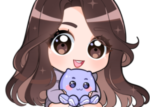 cartoon image of jenn with an adorable purple octopus in her lap