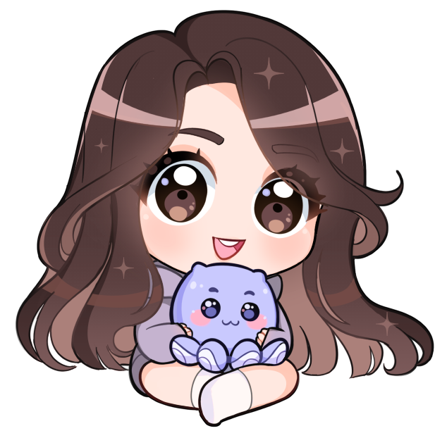 cartoon image of jenn with an adorable purple octopus in her lap